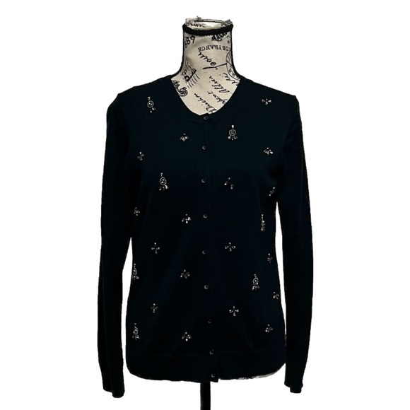 LOFT Womens Black Cardigan M RHINESTONE Beads Casual Preppy Coquette Modest - Picture 1 of 10